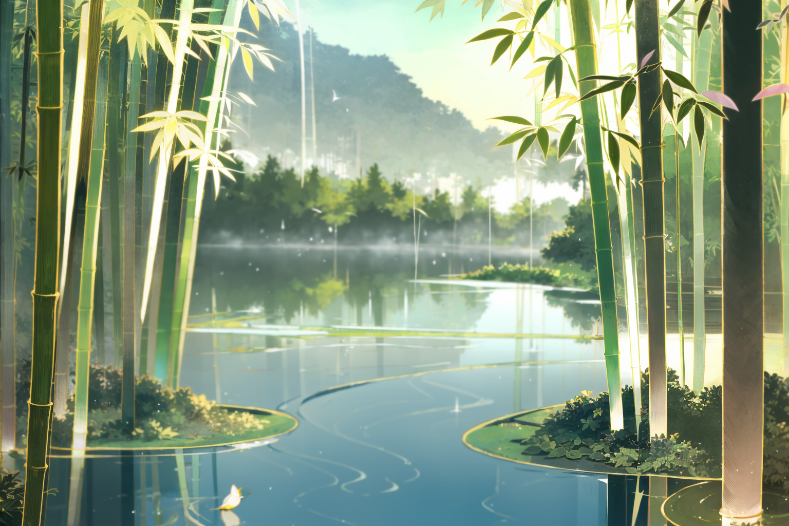 03393-3914110769-masterpiece, best quality,  _lora_fstyle03-000005_1_,outdoors, nature, bamboo, water, bird, scenery, animal, reflection, forest,.png